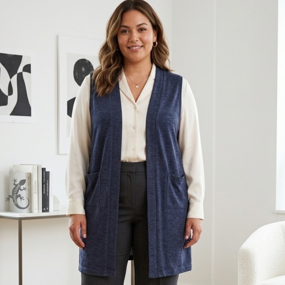 Woman Within Vest Womens 22/24 Navy Blue Open Front Longline Pocket Duster NWOT